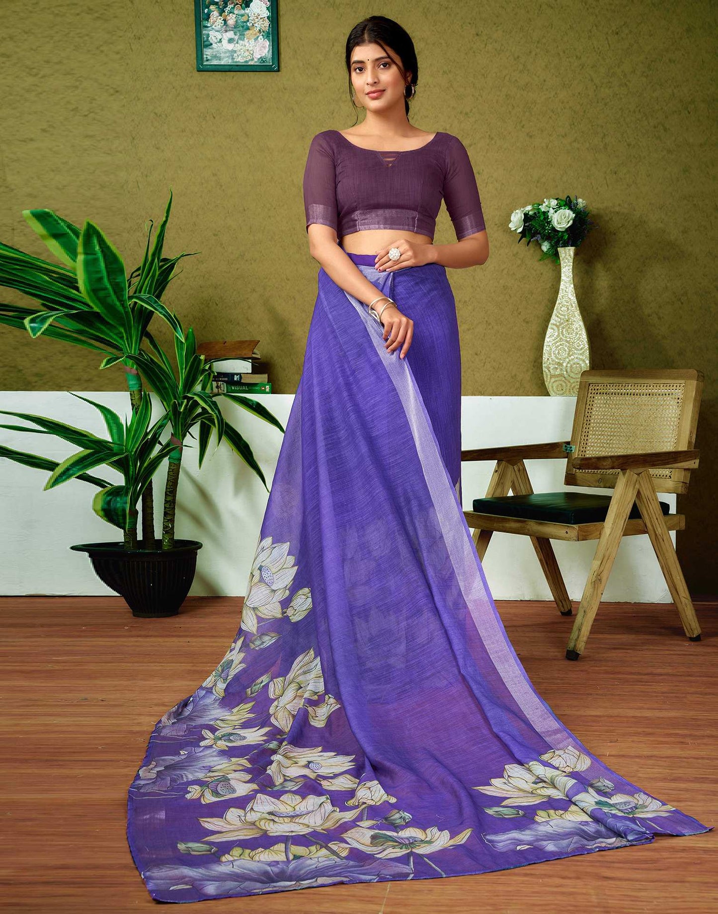 Ready To Wear Purple Linen Floral Printed Saree