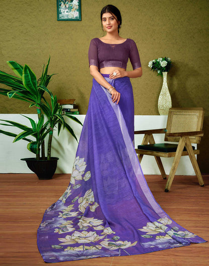 Ready To Wear Purple Linen Floral Printed Saree