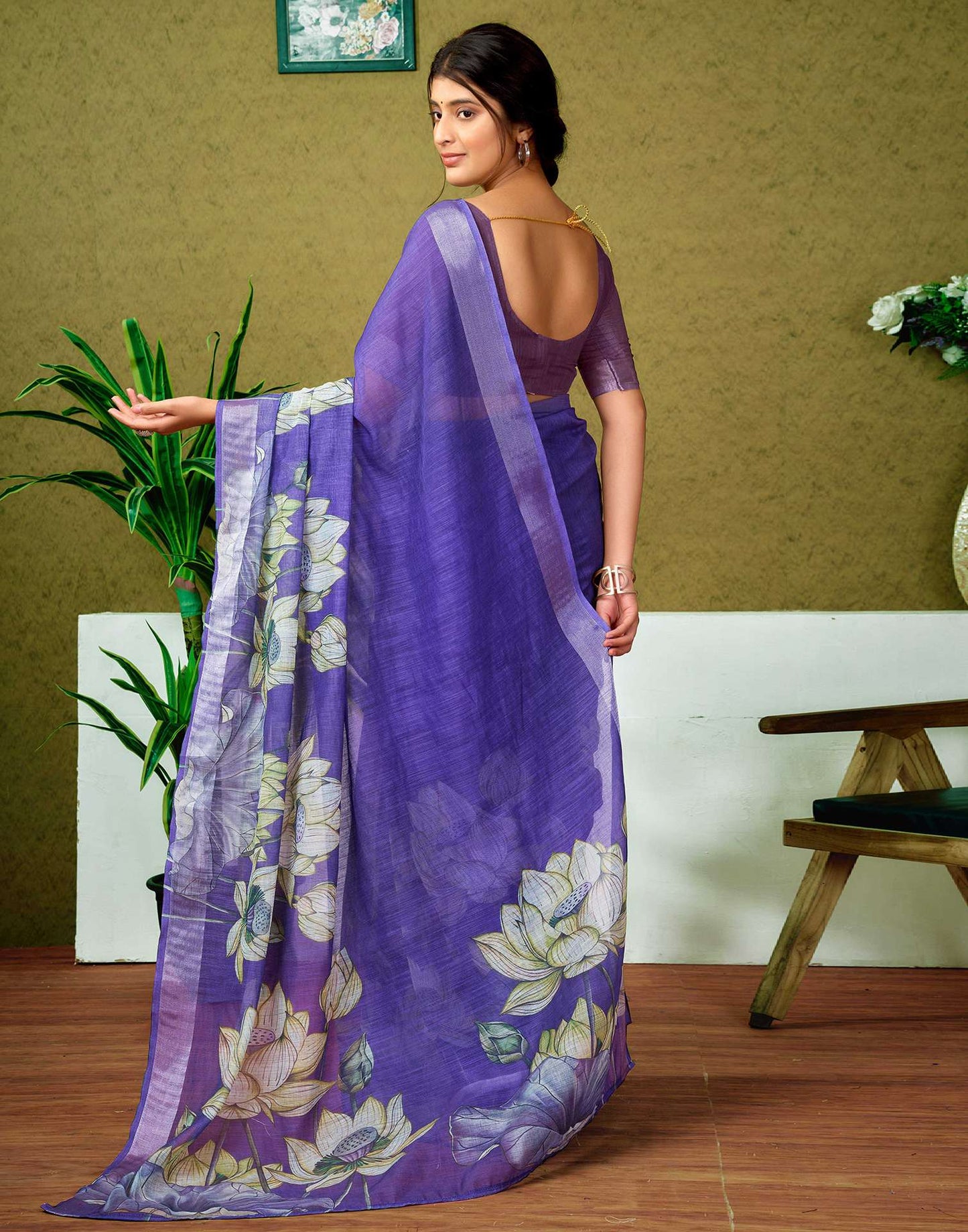 Ready To Wear Purple Linen Floral Printed Saree