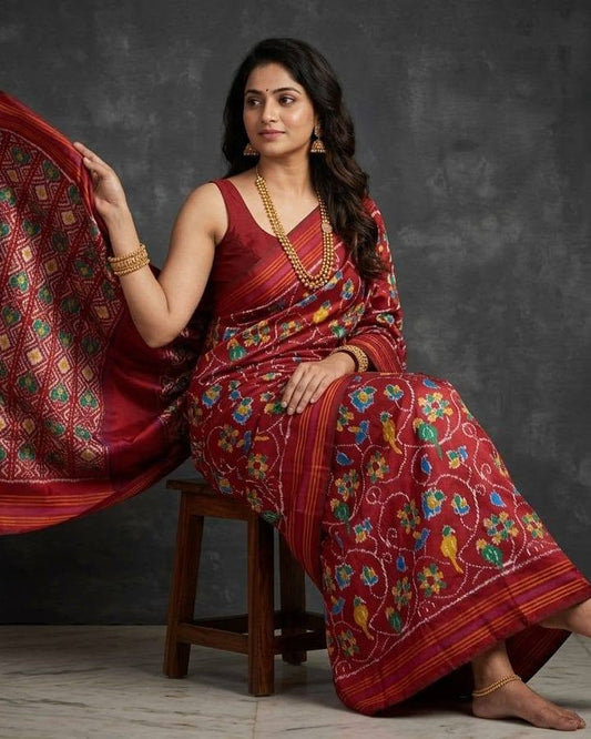 Maroon Patola Saree with Intricate Floral and Bird Motifs and Rich Gold Zari Pallu