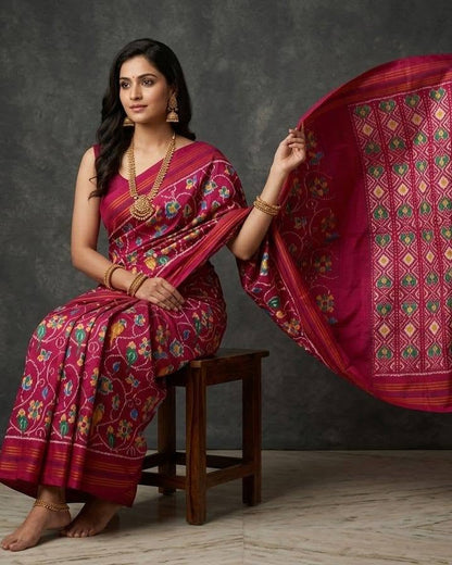 Magenta Patola Saree with Intricate Floral Motifs and Rich Gold Zari Pallu