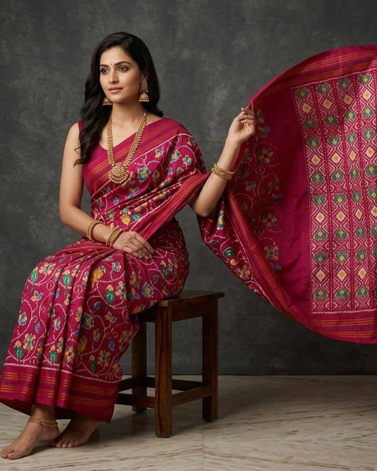 Magenta Patola Saree with Intricate Floral Motifs and Rich Gold Zari Pallu