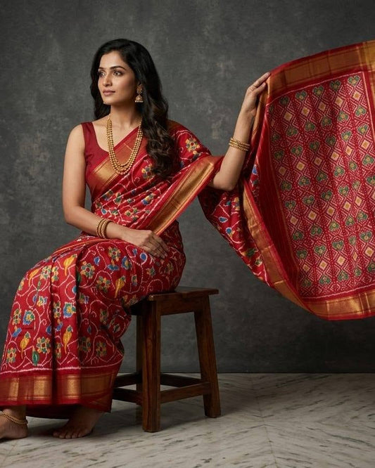 Classic Red Patola Saree with Traditional Floral and Bird Motifs and Rich Gold Zari Pallu