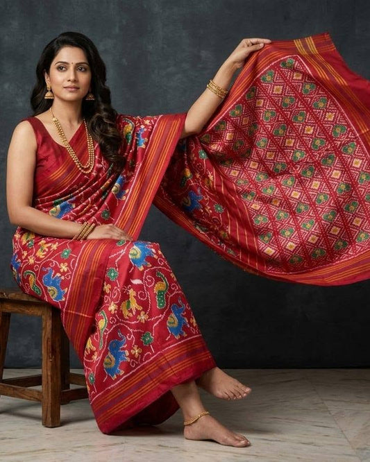 Red Patola Saree with Intricate Peacock and Floral Motifs and Striped Zari Pallu