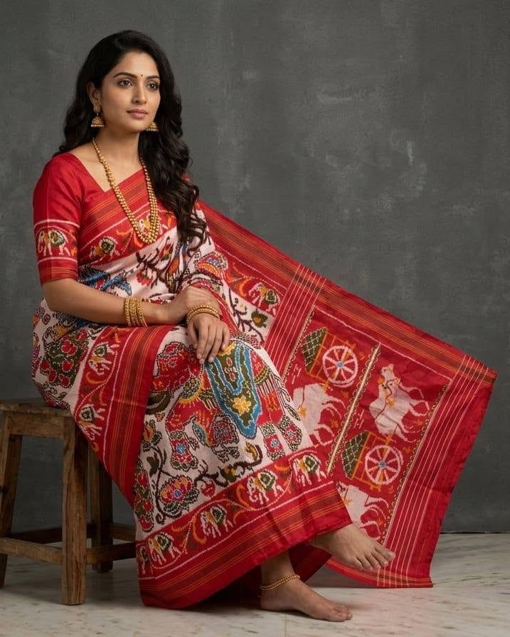 Elegant White and Red Patola Saree with Traditional Elephant & Floral Motifs