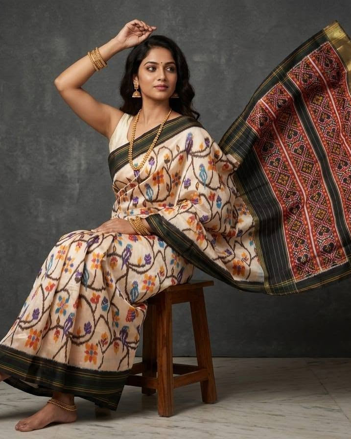 Cream and Black Patola Saree with Multi-Color Floral Motifs and Rich Zari Pallu
