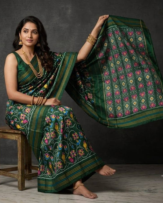 Forest Green Patola Saree with Intricate Floral and Bird Motifs and Striped Zari Pallu