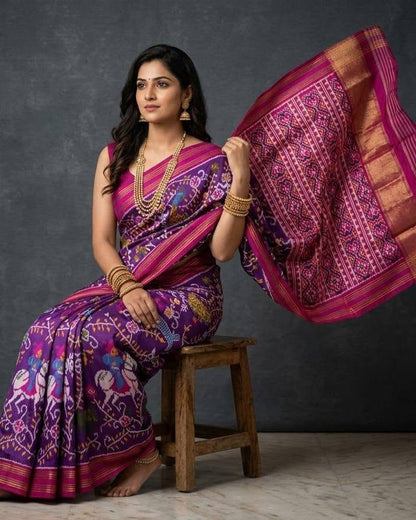Royal Purple Patola Saree with Traditional Peacock and Floral Motifs and Rich Magenta Zari Pallu