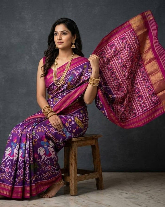 Royal Purple Patola Saree with Traditional Peacock and Floral Motifs and Rich Magenta Zari Pallu
