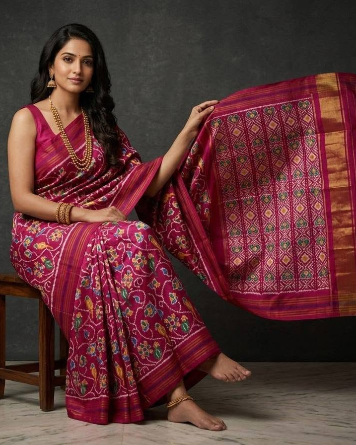 Magenta Patola Saree with Traditional Floral and Bird Motifs and Geometric Zari Pallu