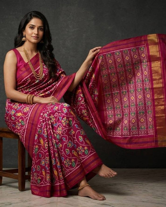 Magenta Patola Saree with Traditional Floral and Bird Motifs and Geometric Zari Pallu