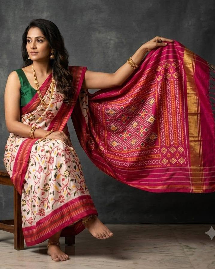 Cream and Pink Patola Sainer with Traditional Floral Motifs and Rich Magenta Zari Pallu
