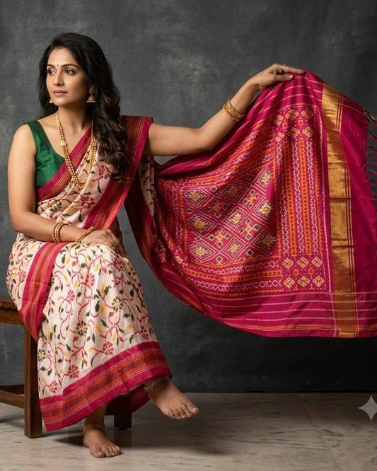 Cream and Pink Patola Sainer with Traditional Floral Motifs and Rich Magenta Zari Pallu