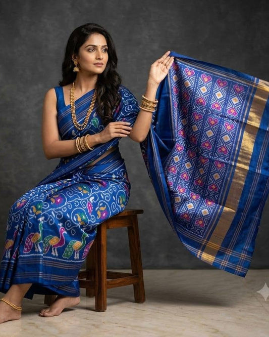 Royal Blue Patola Saree with Traditional Peacock and Floral Motifs and Zari Pallu