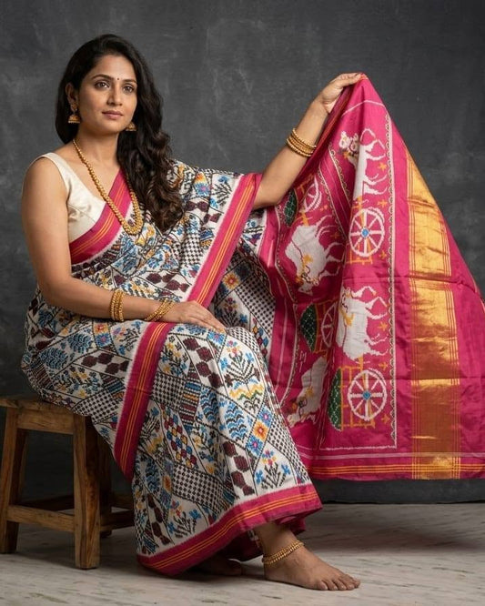 Cream and Multi-Color Patola Saree with Traditional Elephant Motifs and Rich Magenta Zari Pallu