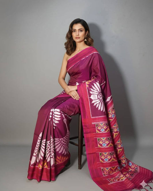 Magenta and White Patola Saree with Large Floral Motifs and Compartmentalized Pallu