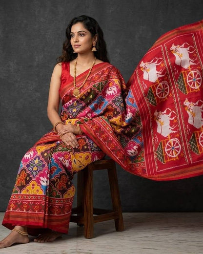 Multicolor Patola Saree with Red Chariot & Animal Motifs Pallu