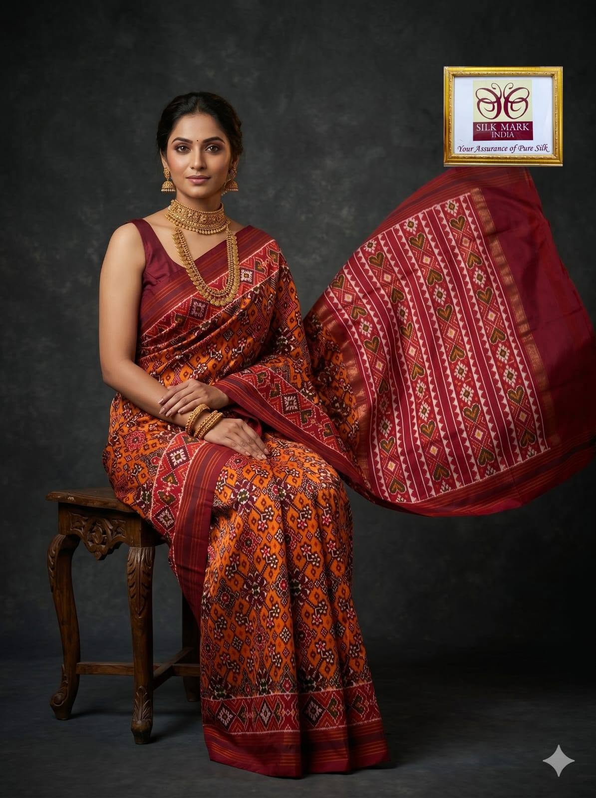 Orange and Maroon Patola Saree with Traditional Geometric Patterns, Rich Pallu, and Silk Mark Certification