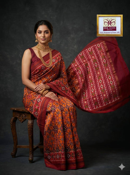 Orange and Maroon Patola Saree with Traditional Geometric Patterns, Rich Pallu, and Silk Mark Certification