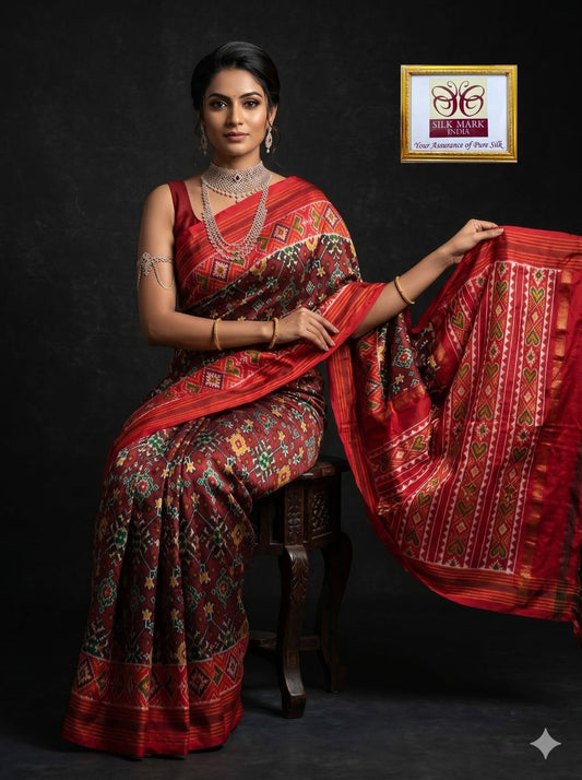 Maroon and Multi-Color Patola Saree with Traditional Geometric Patterns, Rich Red Pallu, and Silk Mark Certification