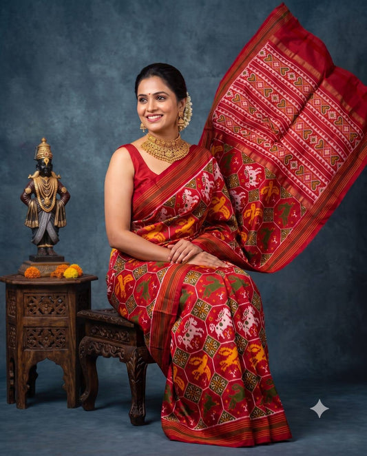 Red and Multi-Color Patola Saree with Traditional Animal Motifs, Rich Pallu, and Temple Set Styling