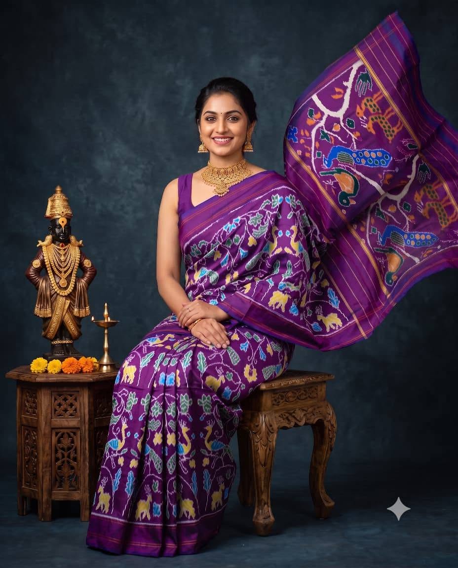 Royal Purple Patola Saree with Traditional Peacock and Animal Motifs, Rich Pallu, and Temple Set Styling