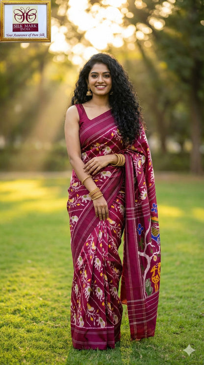 Magenta and White Patola Saree with Traditional Animal Motifs, Rich Pallu, and Silk Mark Certification
