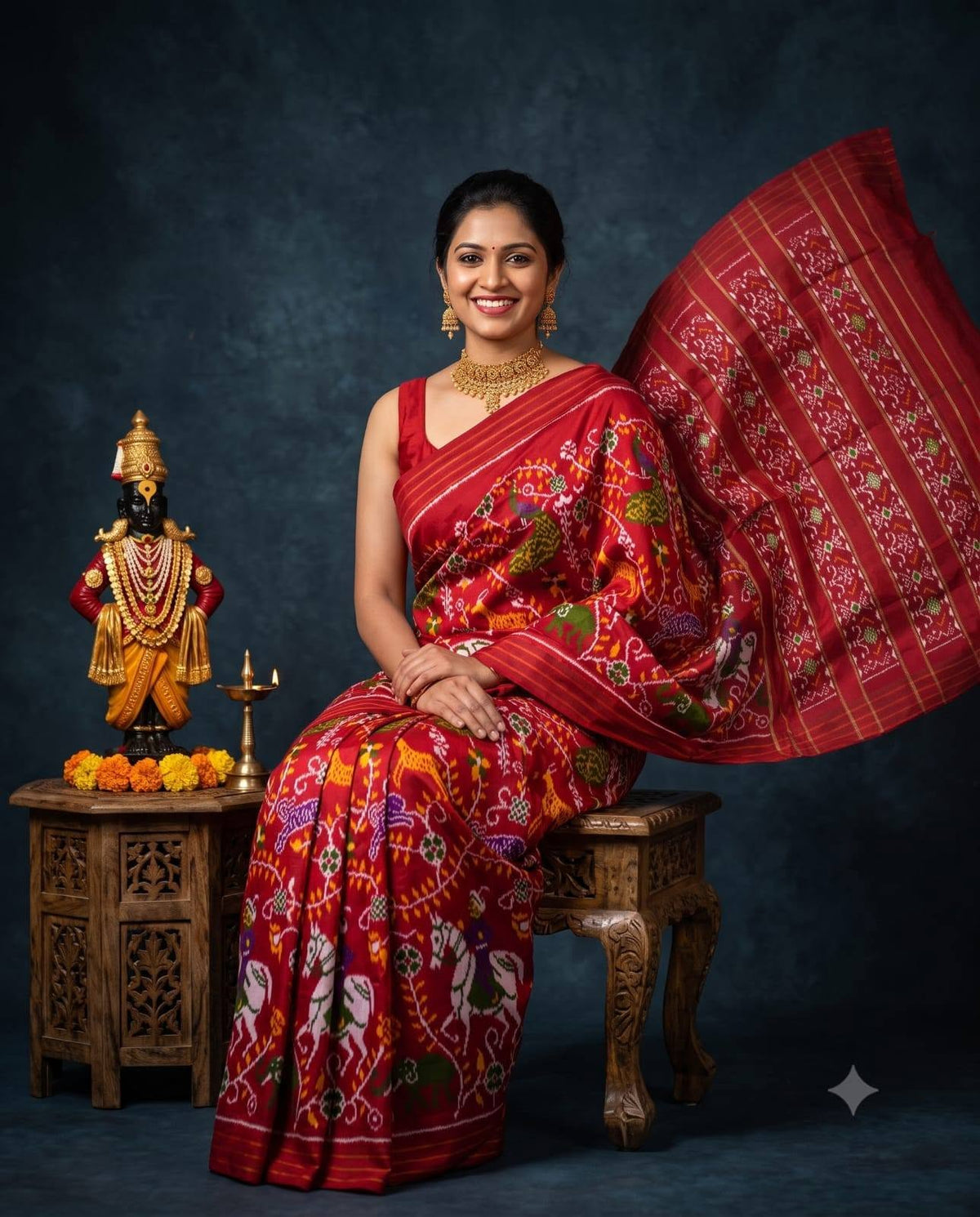 Red and Multi-Color Patola Saree with Traditional Animal and Folk Motifs, Rich Pallu, and Temple Set Styling