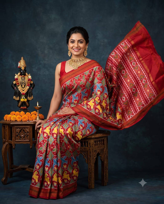Red, Yellow, and Blue Patola Saree with Traditional Motifs, Rich Pallu, and Temple Set Styling