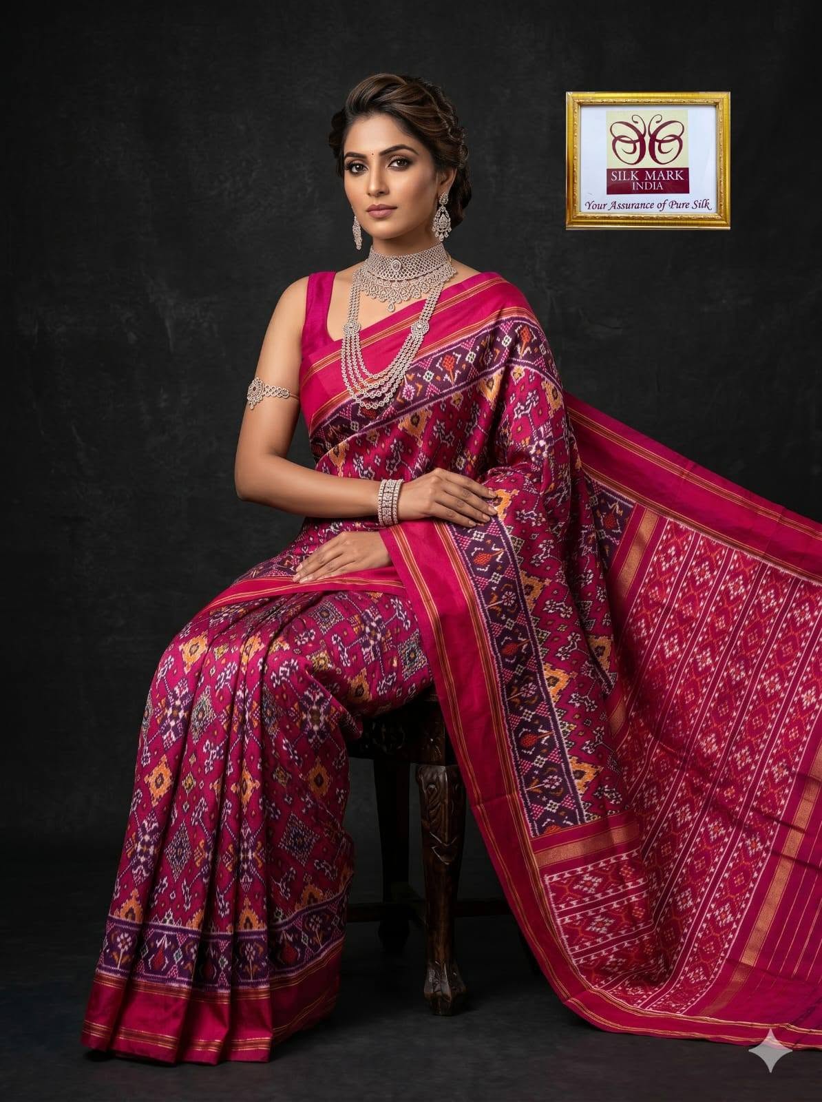 Magenta and Purple Patola Saree with Intricate Geometric Motifs, Rich Pallu, and Silk Mark Certification