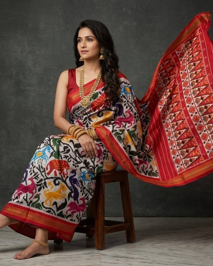 Ivory and Red Patola Saree with Multicolored Animal Motifs and Geometric Pallu