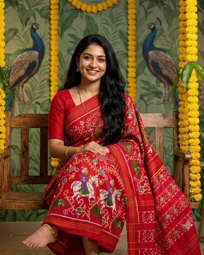 Classic Red Patola Saree with Traditional Horse Motifs and Festive Background