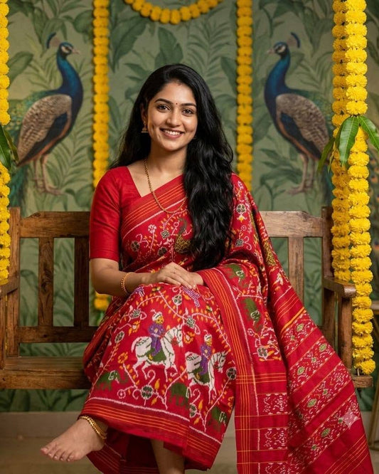 Classic Red Patola Saree with Traditional Horse Motifs and Festive Background