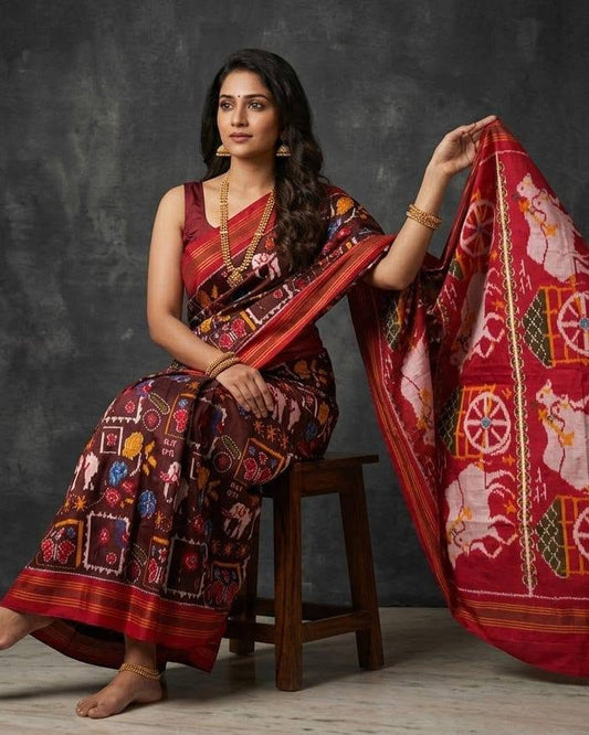 Deep Maroon Patola Saree with Traditional Chariot and Animal Motifs