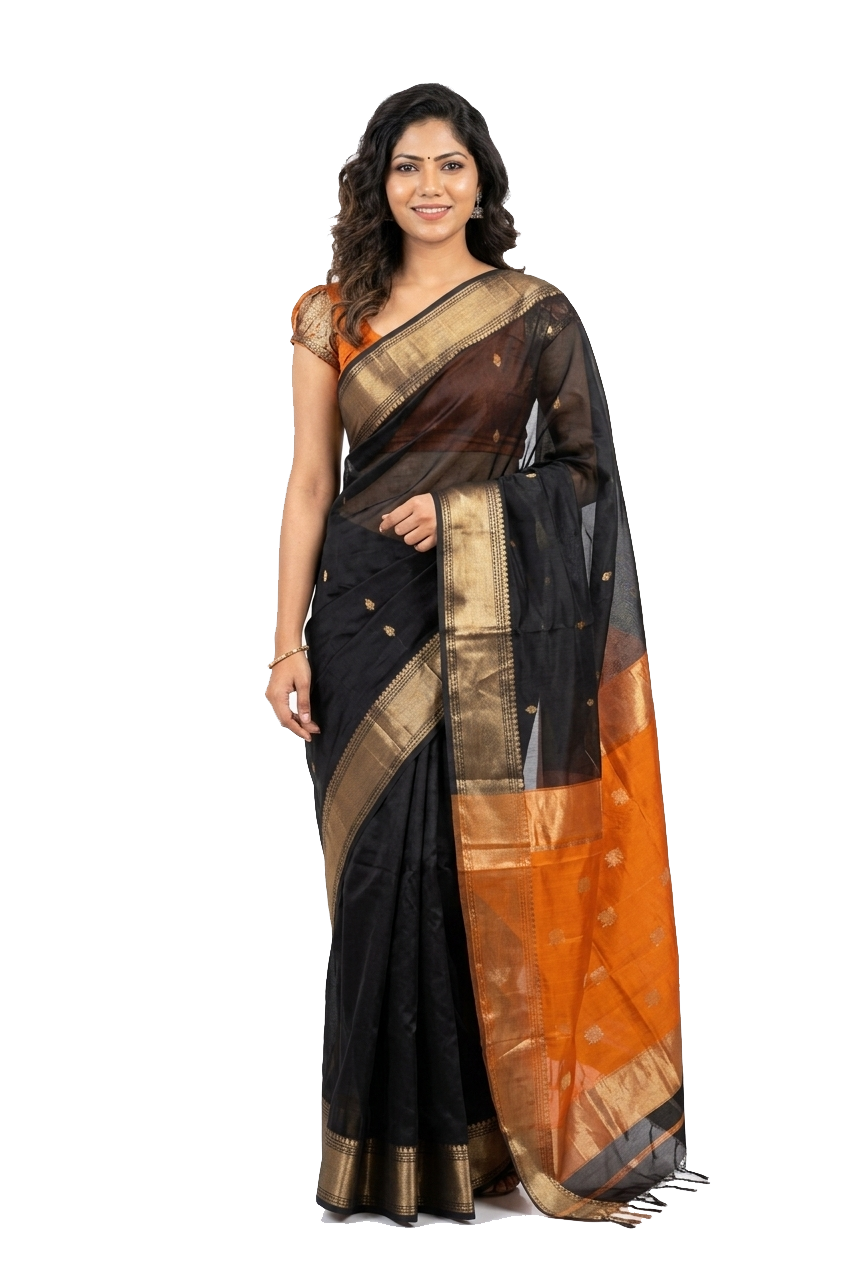 Black and Orange Banarasi Silk Saree