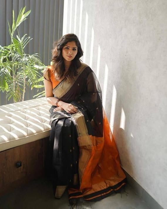 Black and Orange Banarasi Silk Saree