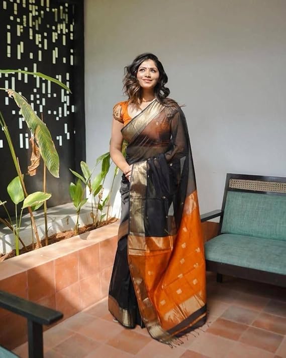 Black and Orange Banarasi Silk Saree