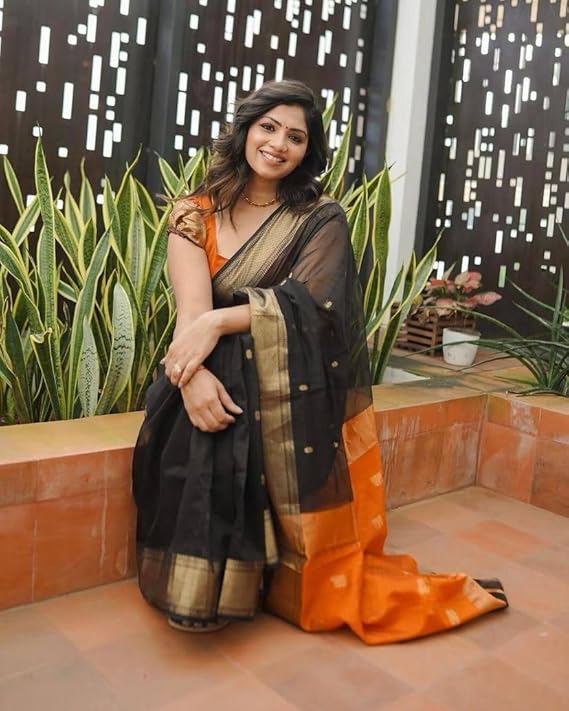 Black and Orange Banarasi Silk Saree