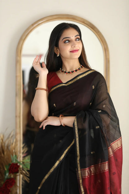 Black and Crimson Red Silk Saree