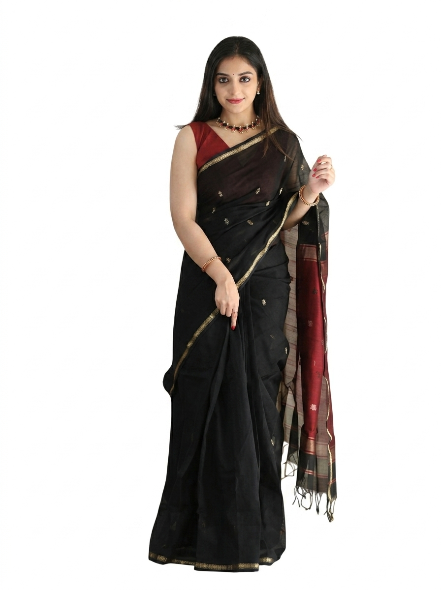 Black and Crimson Red Silk Saree