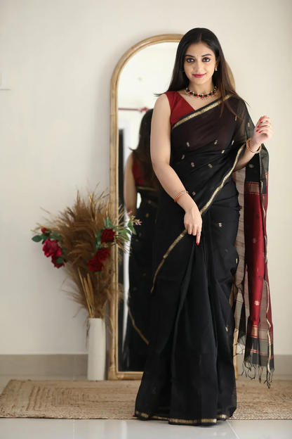 Black and Crimson Red Silk Saree