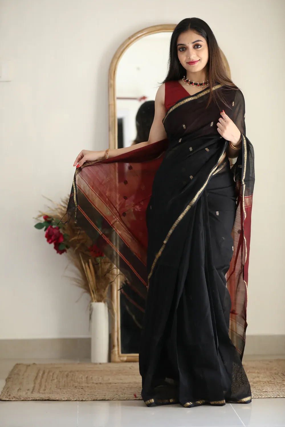 Black and Crimson Red Silk Saree