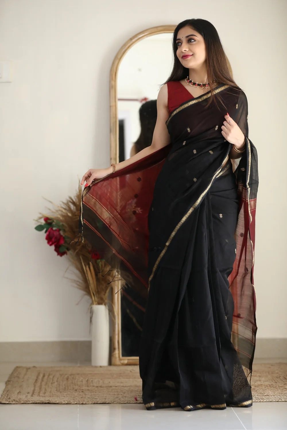 Black and Crimson Red Silk Saree