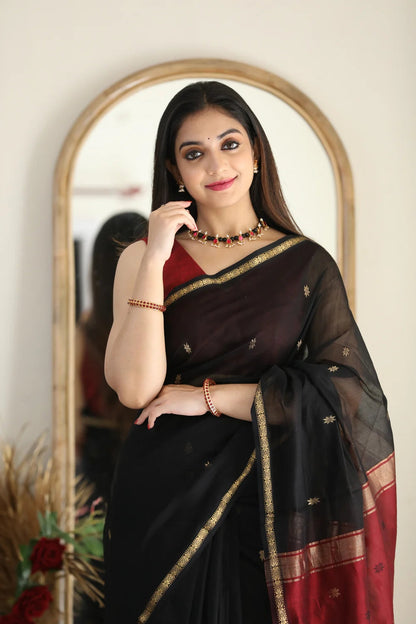 Black and Crimson Red Silk Saree