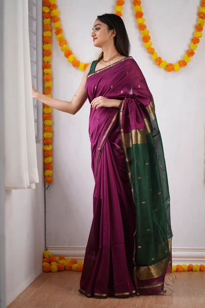 Magenta and Bottle green Silk Saree