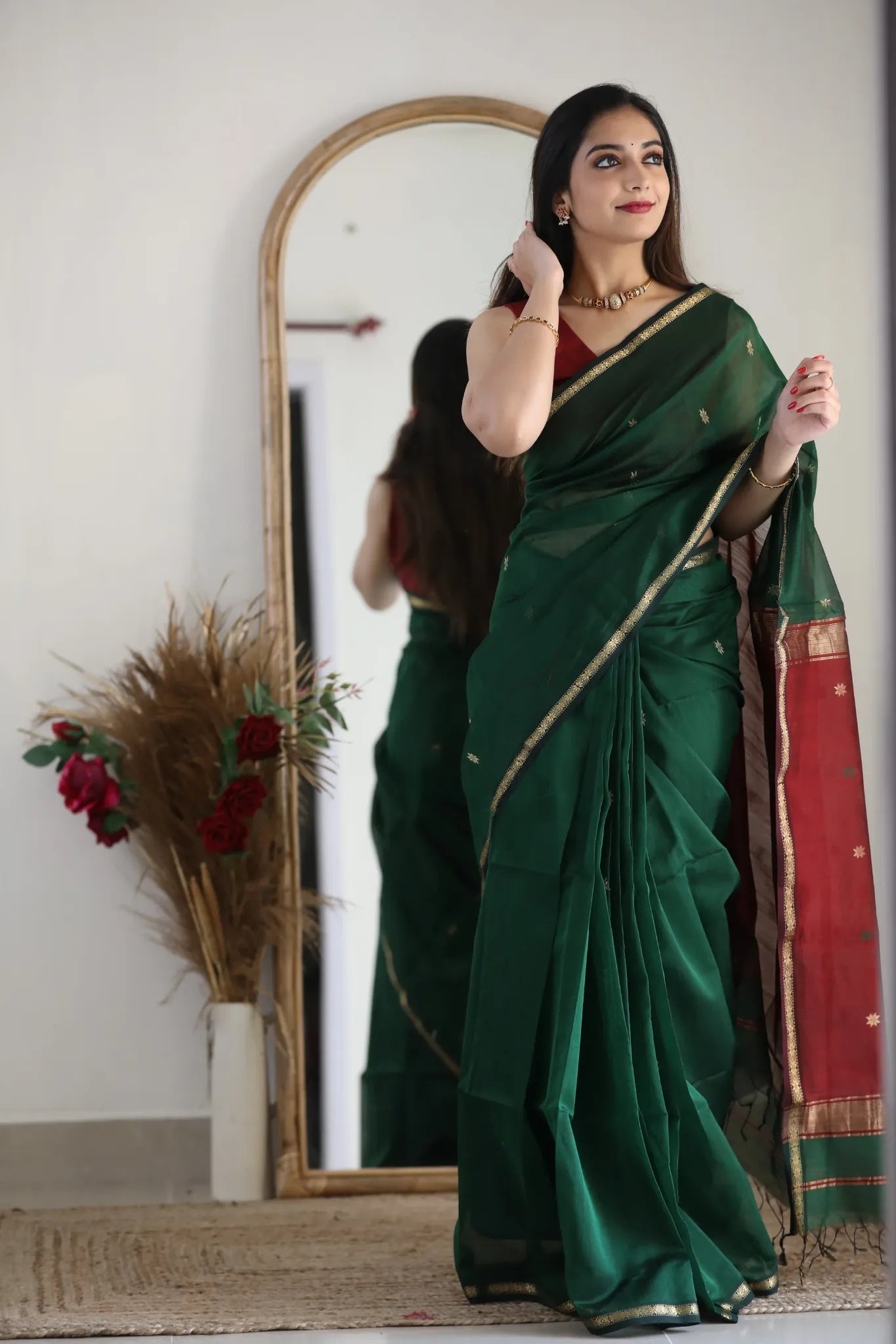 Dark Green and Crimson Red Silk Saree