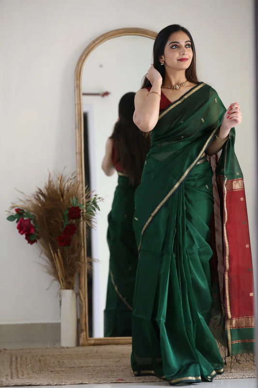 Dark Green and Crimson Red Silk Saree