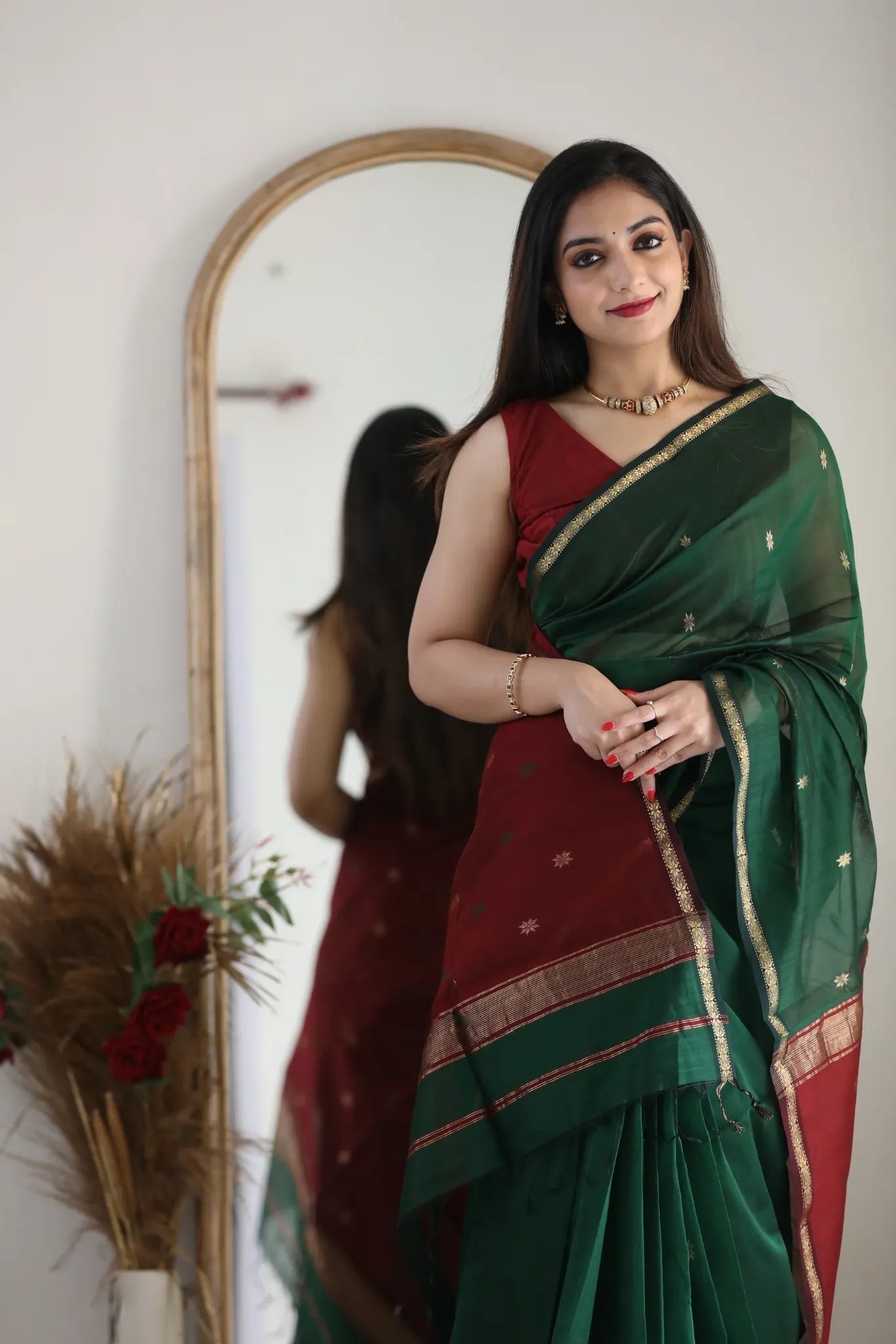 Dark Green and Crimson Red Silk Saree