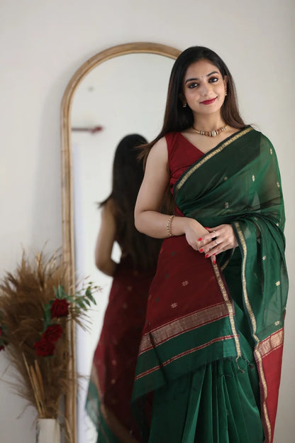 Dark Green and Crimson Red Silk Saree