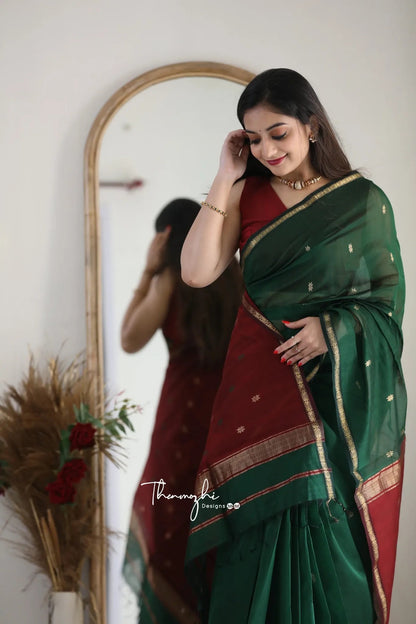Dark Green and Crimson Red Silk Saree